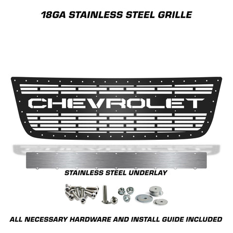 1 Piece Steel Grille for Chevy Silverado 2003-2007 - CHEVROLET w/ STAINLESS STEEL UNDERLAY