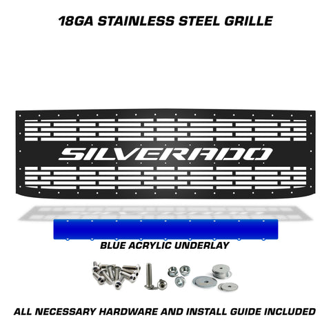 1 Piece Steel Grille for Chevy Silverado 2015-2019 - SILVERADO w/ BLUE ACRYLIC UNDERLAY