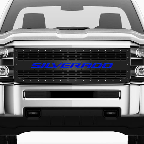 1 Piece Steel Grille for Chevy Silverado 2015-2019 - SILVERADO w/ BLUE ACRYLIC UNDERLAY