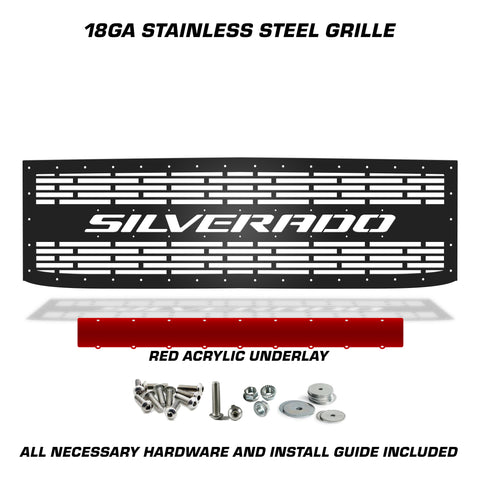 1 Piece Steel Grille for Chevy Silverado 2015-2019 - SILVERADO w/ RED ACRYLIC UNDERLAY