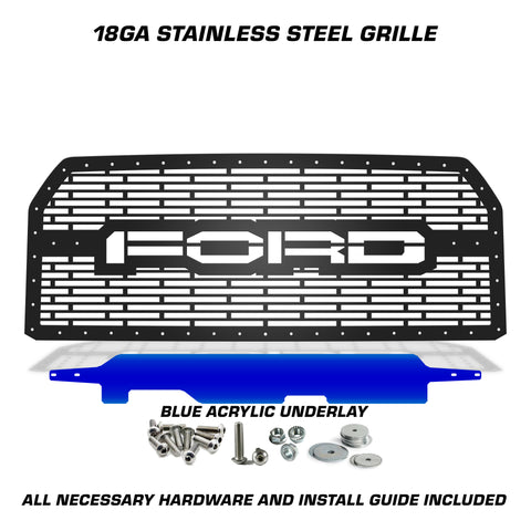 1 Piece Steel Grille for Ford F150 2015-2017 - FORD w/ BLUE ACRYLIC UNDERLAY