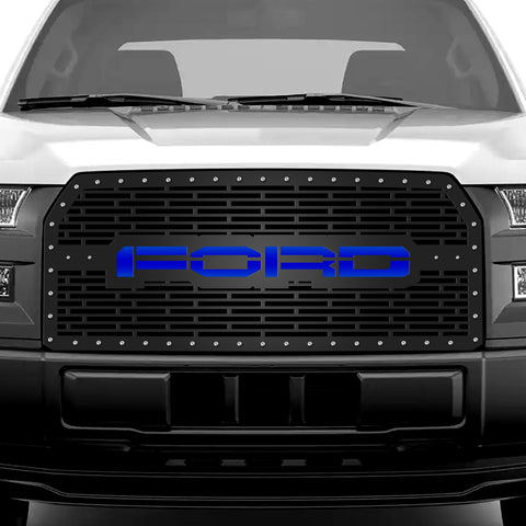 1 Piece Steel Grille for Ford F150 2015-2017 - FORD w/ BLUE ACRYLIC UNDERLAY