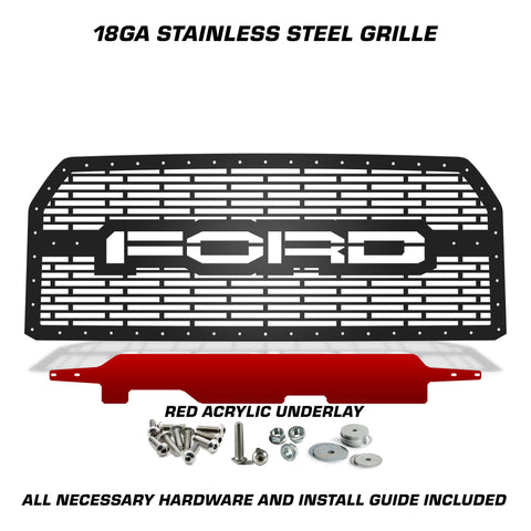 1 Piece Steel Grille for Ford F150 2015-2017 - FORD w/ RED ACRYLIC UNDERLAY