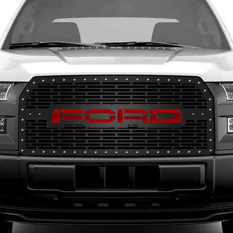 1 Piece Steel Grille for Ford F150 2015-2017 - FORD w/ RED ACRYLIC UNDERLAY