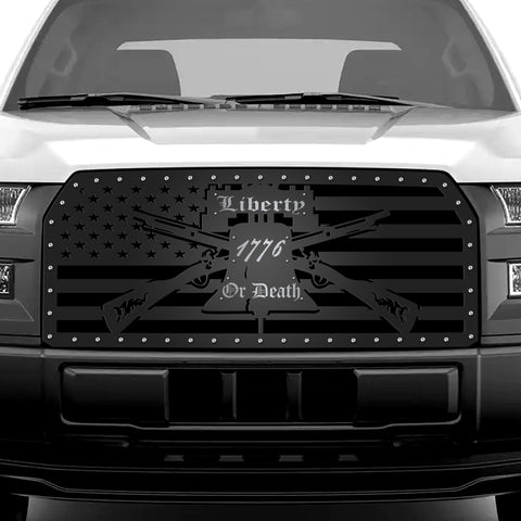 1 Piece Steel Grille for Ford F150 2015-2017 - LIBERTY OR DEATH w/ STAINLESS STEEL UNDERLAY