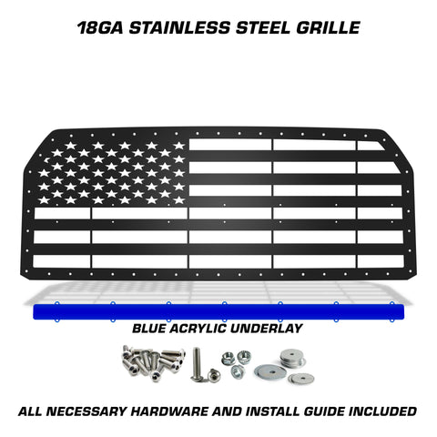 1 Piece Steel Grille for Ford F150 2015-2017 - STRAIGHT AMERICAN FLAG w/ BLUE ACRYLIC UNDERLAY