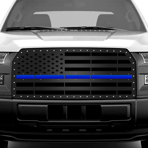 1 Piece Steel Grille for Ford F150 2015-2017 - STRAIGHT AMERICAN FLAG w/ BLUE ACRYLIC UNDERLAY