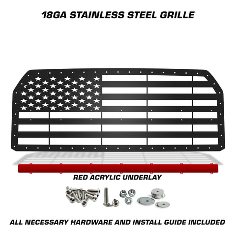 1 Piece Steel Grille for Ford F150 2015-2017 - STRAIGHT AMERICAN FLAG w/ RED ACRYLIC UNDERLAY