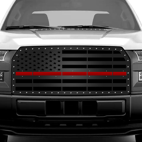 1 Piece Steel Grille for Ford F150 2015-2017 - STRAIGHT AMERICAN FLAG w/ RED ACRYLIC UNDERLAY