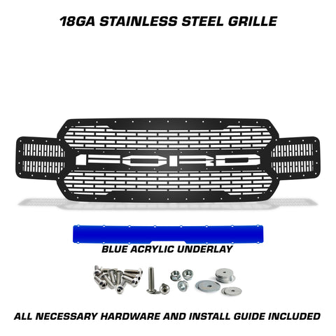 1 Piece Steel Grille for Ford F150 2018-2020 - FORD w/ BLUE ACRYLIC UNDERLAY