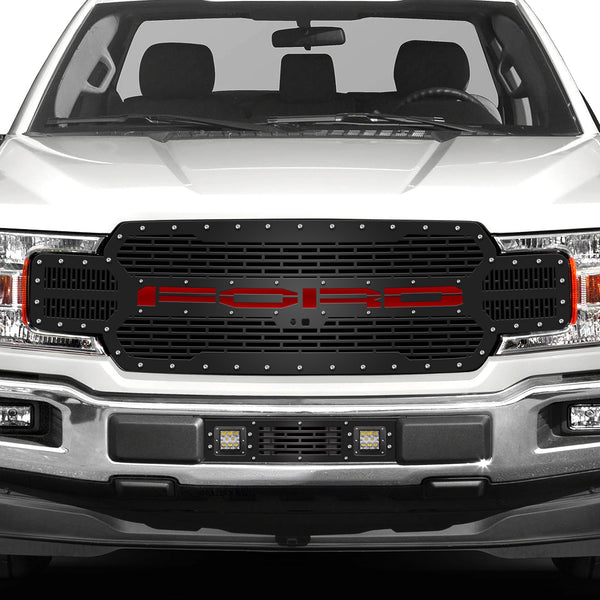 1 Piece Steel Grille for Ford F150 2018-2020 - FORD w/ RED ACRYLIC UNDERLAY