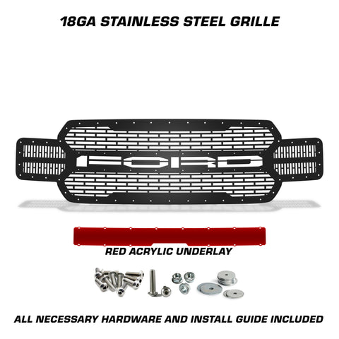 1 Piece Steel Grille for Ford F150 2018-2020 - FORD w/ RED ACRYLIC UNDERLAY