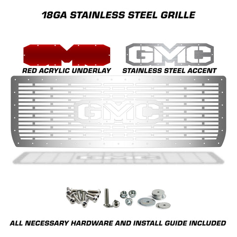 1 Piece Steel Grille for GMC Sierra & Sierra Denali 2014-2015 - GMC w/ RED ACRYLIC UNDERALY + SS Accent + STAINLESS STEEL FINISH