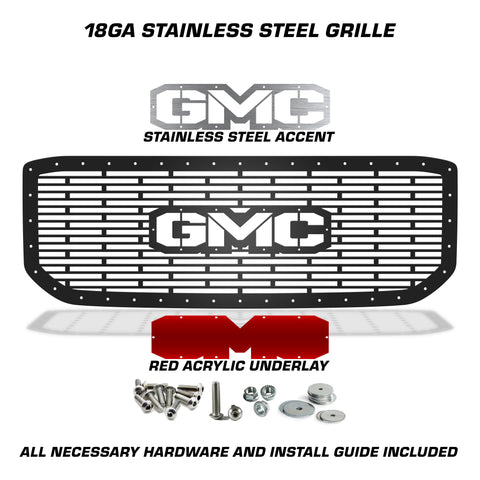 1 Piece Steel Grille for GMC Yukon Denali 2015-2020 - GMC w/ RED ACRYLIC UNDERLAY + SS Accent