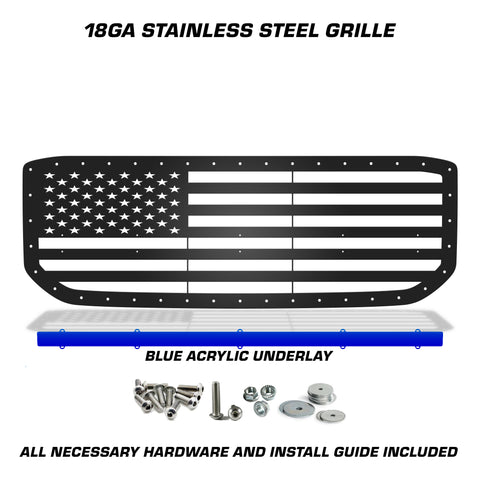 1 Piece Steel Grille for GMC Yukon Denali 2015-2020 - STRAIGHT AMERICAN FLAG w/ BLUE ACRYLIC UNDERLAY