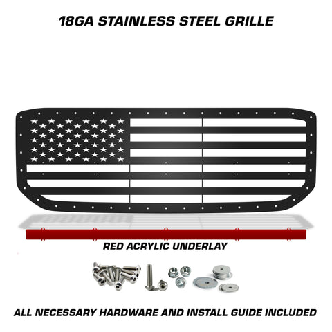 1 Piece Steel Grille for GMC Yukon Denali 2015-2020 - STRAIGHT AMERICAN FLAG w/ RED ACRYLIC UNDERLAY