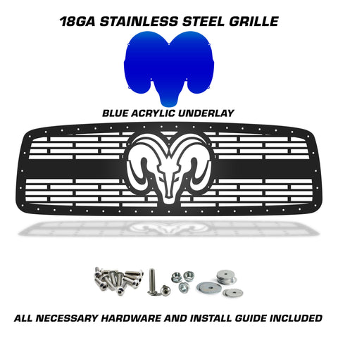 1 Piece Steel Grille for Dodge Ram 1500/2500/3500 2002-2005 - RAM HEAD w/ BLUE ACRYLIC UNDERLAY