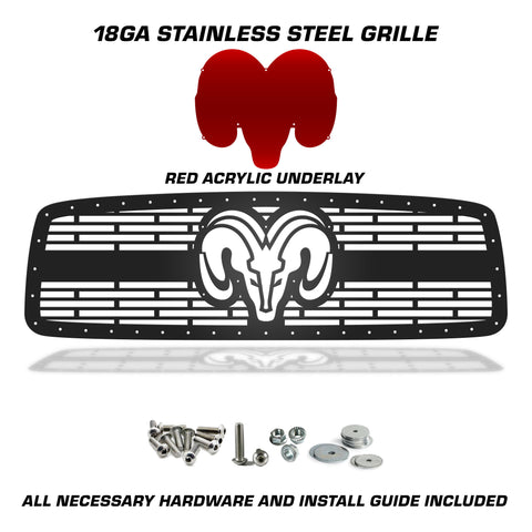 1 Piece Steel Grille for Dodge Ram 1500/2500/3500 2002-2005 - RAM HEAD w/ RED ACRYLIC UNDERLAY