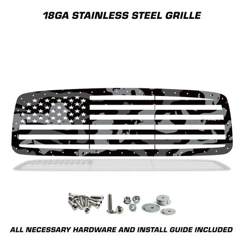 1 Piece Steel Grille for Dodge Ram 1500/2500/3500 2002-2005 - Printed Subdued Camo STRAIGHT AMERICAN FLAG