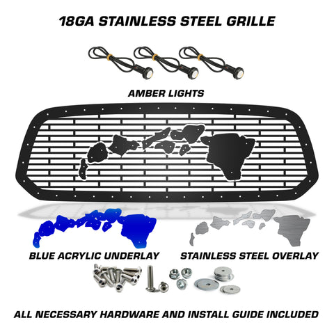 Steel Grille for Dodge Ram 1500 2013-2018 - HAWAII w/ STAINLESS STEEL + BLUE ACRYLIC UNDERLAY + 3 AMBER RAPTOR LIGHTS