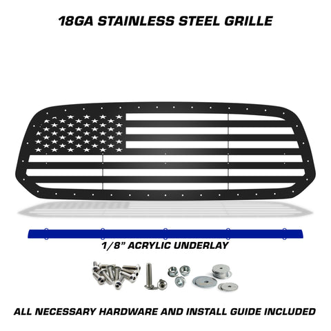 1 Piece Steel Grille for Dodge Ram 1500 2013-2018 - STRAIGHT AMERICAN FLAG w/ BLUE ACRYLIC UNDERLAY