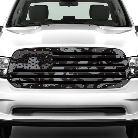 1 Piece Steel Grille for Dodge Ram 1500 2013-2018 - Printed Subdued Camo STRAIGHT AMERICAN FLAG