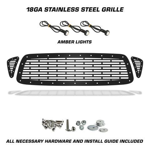 1 Piece Steel Grille for Toyota Tacoma 2001-2004 - BRICKS w/ 3 AMBER RAPTOR LIGHTS