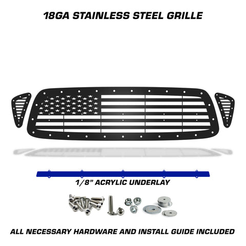 1 Piece Steel Grille for Toyota Tacoma 2001-2004 - STRAIGHT AMERICAN FLAG w/ BLUE ACRYLIC UNDERLAY