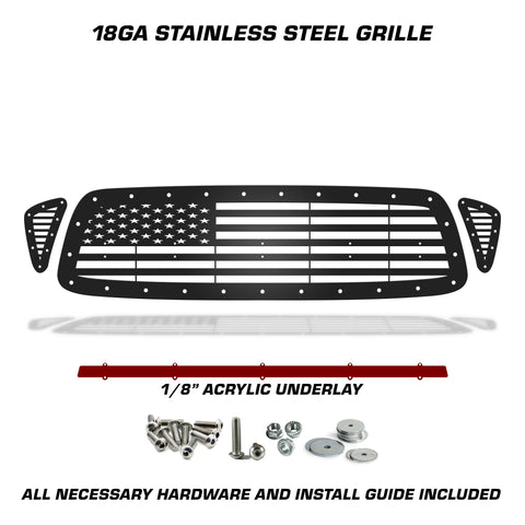 1 Piece Steel Grille for Toyota Tacoma 2001-2004 - STRAIGHT AMERICAN FLAG w/ RED ACRYLIC UNDERLAY