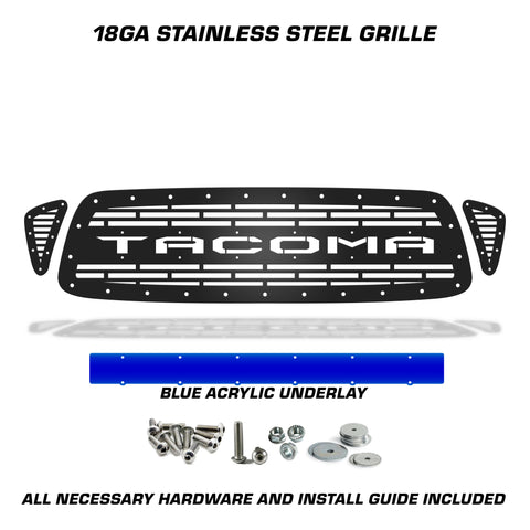 1 Piece Steel Grille for Toyota Tacoma 2001-2004 - TACOMA V2 w/ BLUE ACRYLIC UNDERLAY