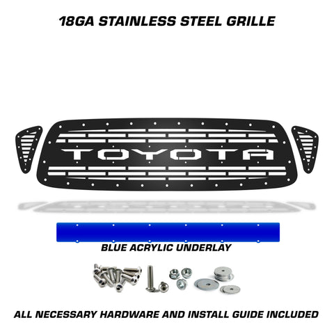 1 Piece Steel Grille for Toyota Tacoma 2001-2004 - TOYOTA V3 w/ BLUE ACRYLIC UNDERLAY