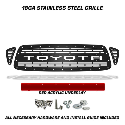 1 Piece Steel Grille for Toyota Tacoma 2001-2004 - TOYOTA V3 w/ RED ACRYLIC UNDERLAY