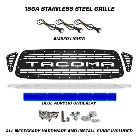 1 Piece Steel Grille for Toyota Tacoma 2001-2004 - TACOMA w/ BLUE ACRYLIC UNDERLAY + AMBER RAPTOR LIGHTS