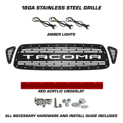 1 Piece Steel Grille for Toyota Tacoma 2001-2004 - TACOMA w/ RED ACRYLIC UNDERLAY + AMBER RAPTOR LIGHTS