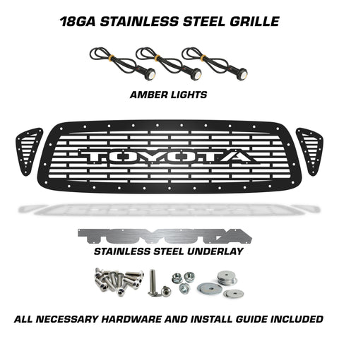 1 Piece Steel Grille for Toyota Tacoma 2001-2004 - TOYOTA w/ 3 STAINLESS STEEL UNDERLAY + 3 AMBER RAPTOR LIGHTS