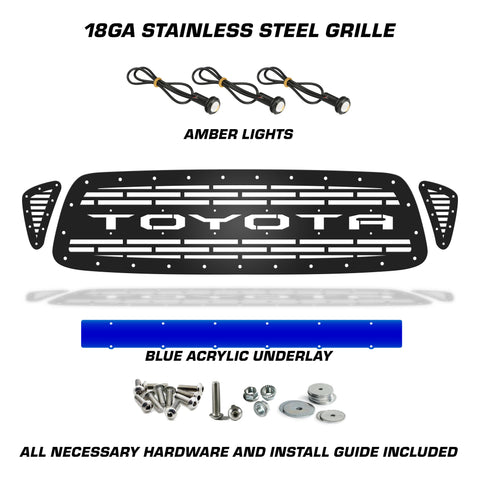 1 Piece Steel Grille for Toyota Tacoma 2001-2004 - TOYOTA w/ BLUE ACRYLIC UNDERLAY + 3 AMBER RAPTOR LIGHTS