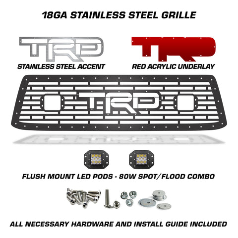 1 Piece Steel Grille for Toyota Tundra 2010-2013 - TRD w/ LED Light Pods + RED ACRYLIC UNDERLAY + SS Accent