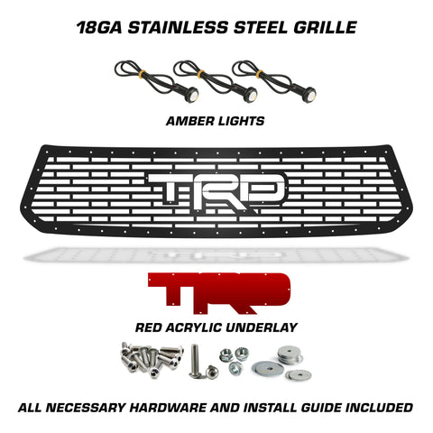 1 Piece Steel Grille for Toyota Tundra 2014-2017 - TRD w/ RED ACRYLIC UNDERLAY + 3 AMBER RAPTOR LIGHTS