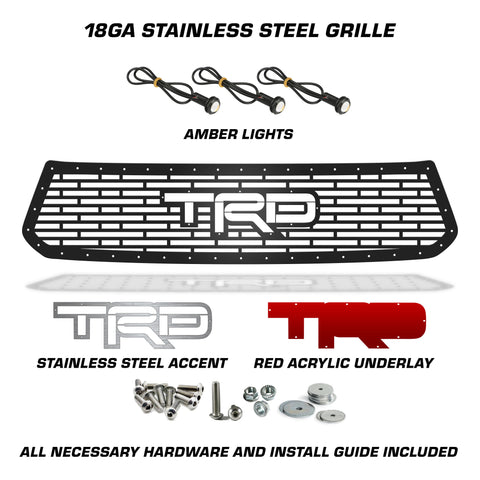 1 Piece Steel Grille for Toyota Tundra 2014-2017 - TRD w/ RED ACRYLIC UNDERLAY + SS Accent + 3 AMBER RAPTOR LIGHTS