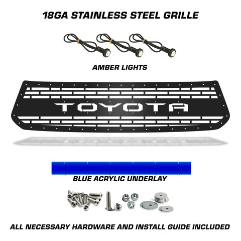 1 Piece Steel Grille for Toyota Tundra 2014-2017 - TOYOTA V3 w/ BLUE ACRYLIC UNDERLAY + 3 AMBER RAPTOR LIGHTS