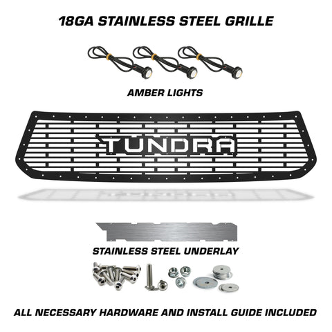 1 Piece Steel Grille for Toyota Tundra 2014-2017 - TUNDRA V1 w/ STAINLESS STEEL UNDERLAY + 3 AMBER RAPTOR LIGHTS