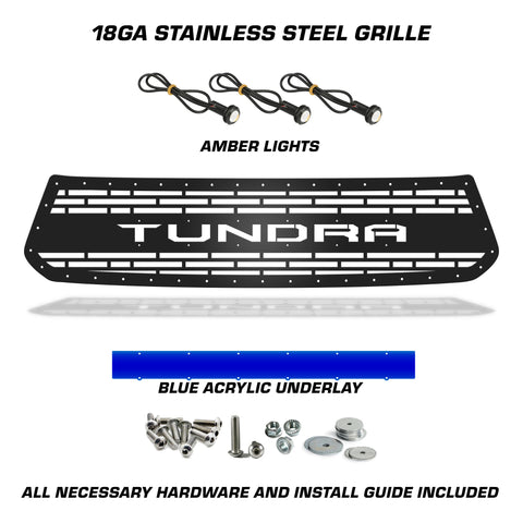 1 Piece Steel Grille for Toyota Tundra 2014-2017 - TUNDRA V2 w/ BLUE ACRYLIC UNDERLAY + 3 AMBER RAPTOR LIGHTS