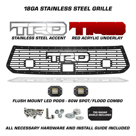 1 Piece Steel Grille for Toyota Tundra 2018-2021  Sport - TRD w/ TRD w/ RED ACRYLIC UNDERLAY + SS Accent + LED Light Pods