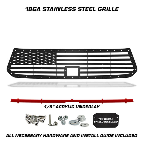 1 Piece Steel Grille for Toyota Tundra 2018-2021 Sport - STRAIGHT AMERICAN FLAG w/ RED ACRYLIC UNDERLAY