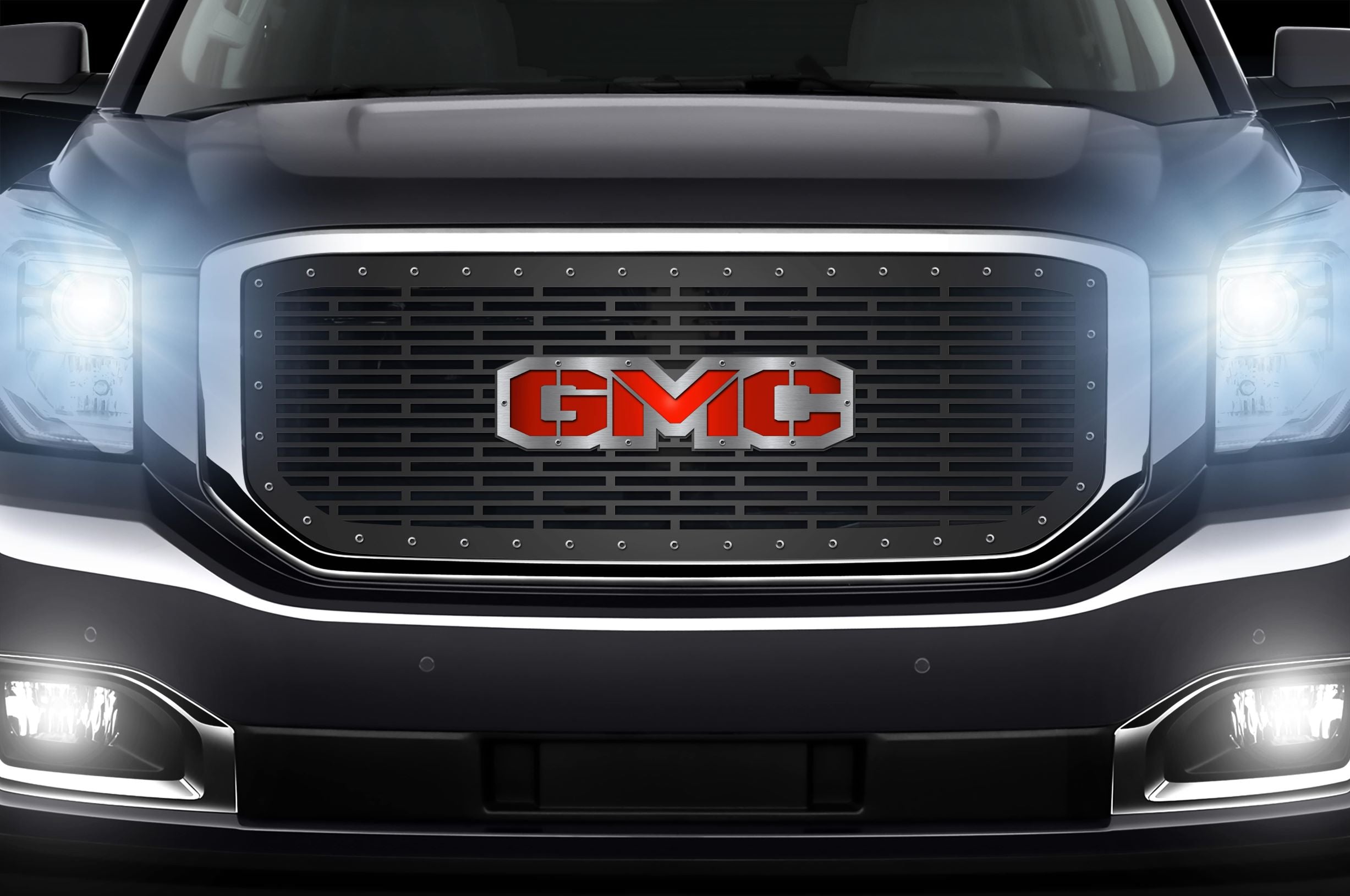 1 Piece Steel Grille for GMC Yukon Denali 2015-2020 -GMC Red Underlay/Stainless Overlay