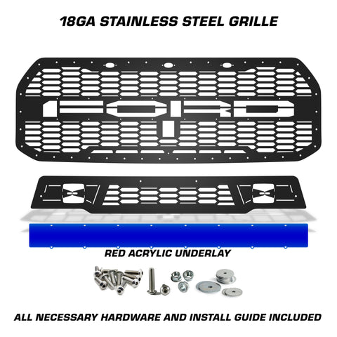 1 Piece Steel Grille for Ford Raptor SVT 2017-2020 - FORD w/ BLUE ACRYLIC UNDERLAY