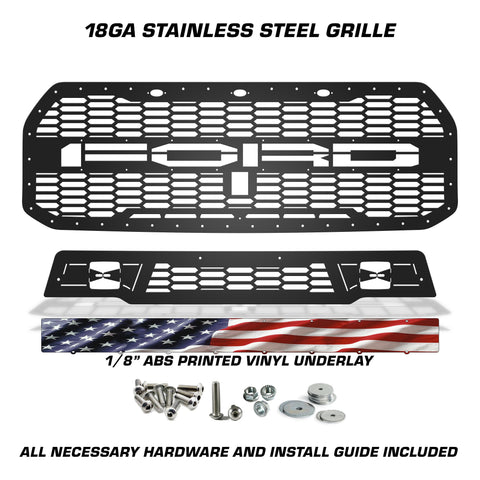 1 Piece Steel Grille for Ford Raptor SVT 2017-2020 - FORD w/ AMERICAN FLAG VINYL UNDERLAY