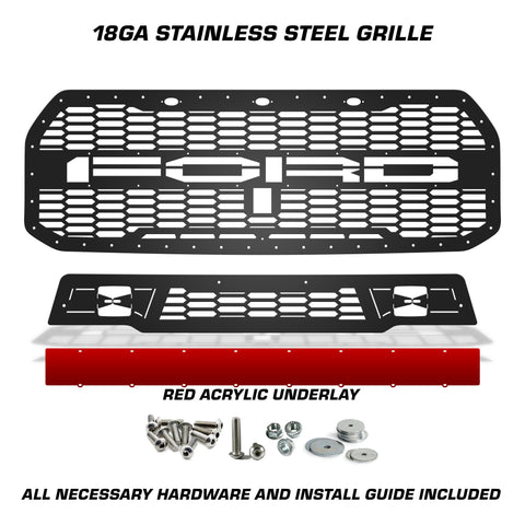 1 Piece Steel Grille for Ford Raptor SVT 2017-2020 - FORD w/ RED ACRYLIC UNDERLAY