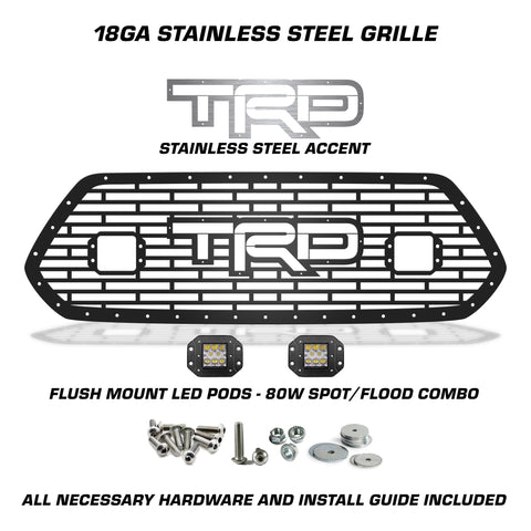 1 Piece Steel Grille for Toyota Tacoma 2016-2017 - TRD w/ SS Accent + LED Light Pods