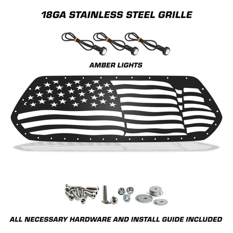 1 Piece Steel Grille for Toyota Tacoma 2016-2017 - WAVY AMERICAN FLAG w/ 3 AMBER RAPTOR LIGHTS